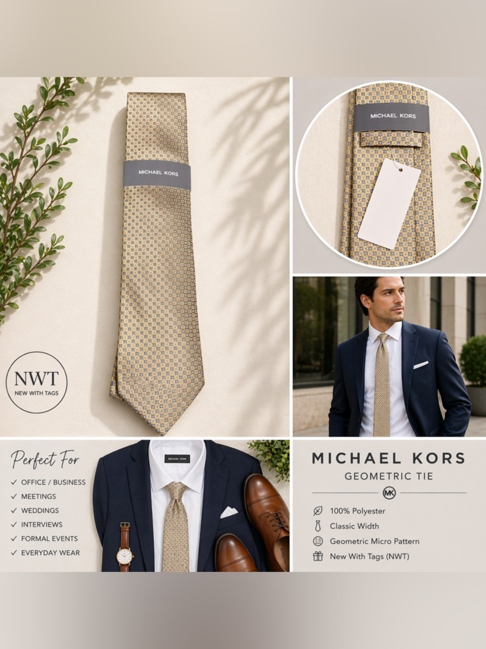 NWT Michael Kors Men's Gold Geometric Tie